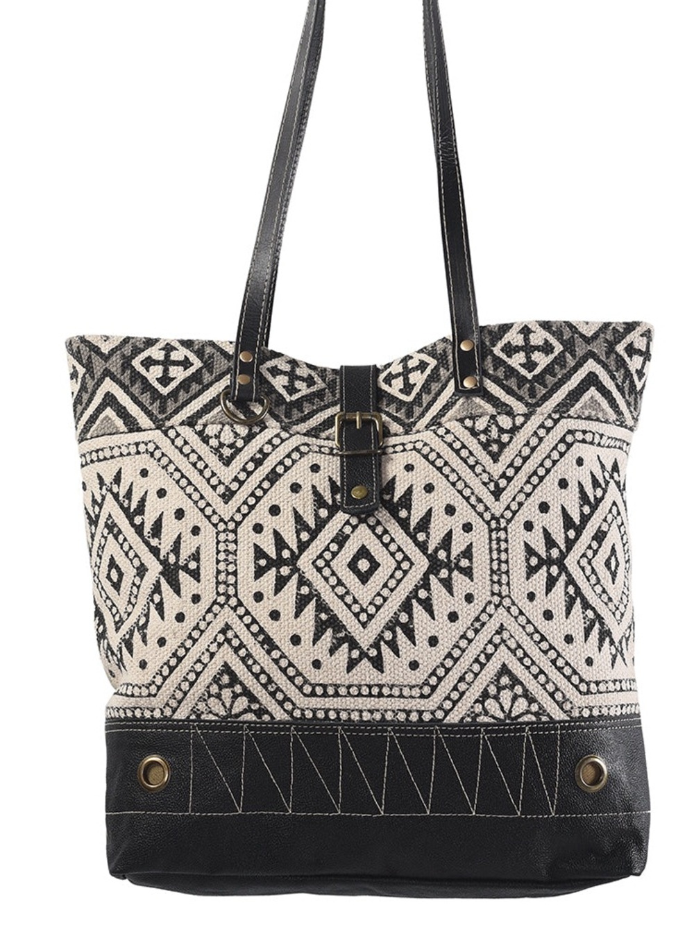 OLay Large Tote Bag black white upcycled wool canvas boho style leather trim.